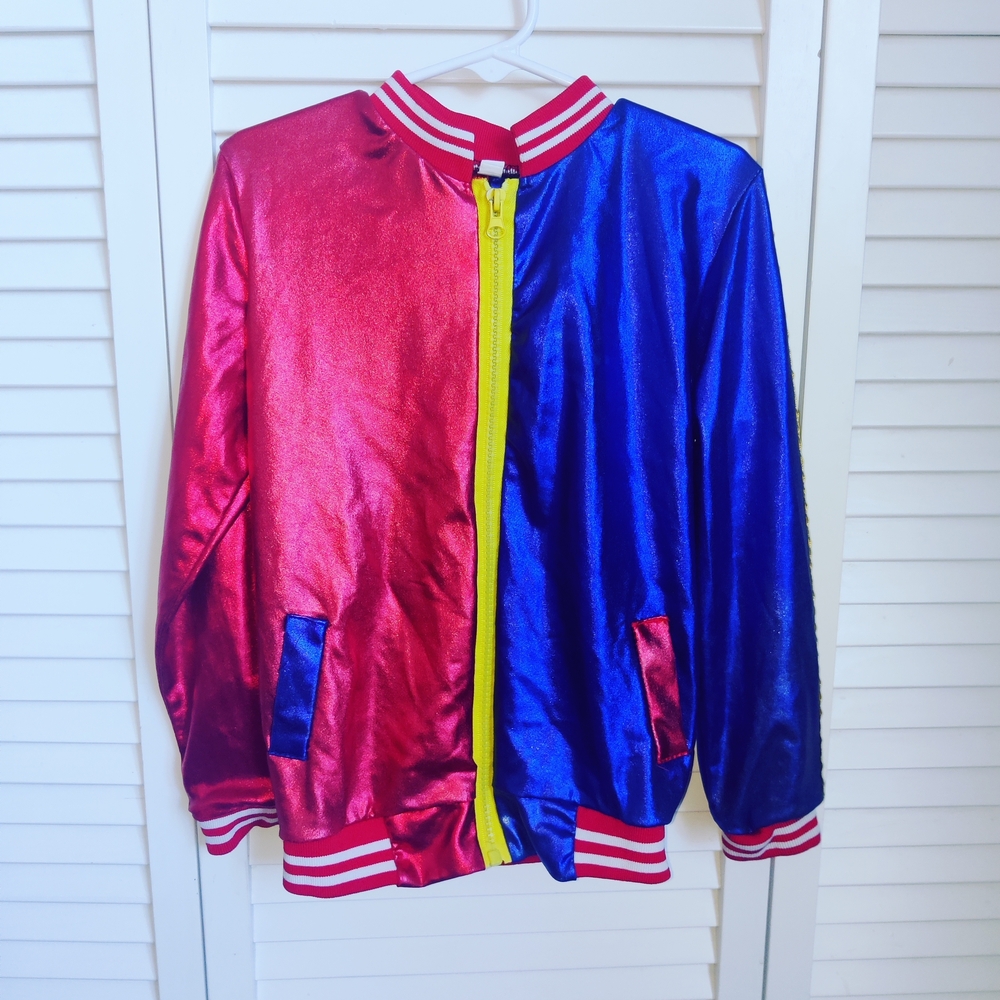 Harley Quinn Bomber Jacket Costume Red Blue Full Zip Size 6-8 Girls